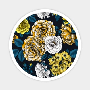 Yellow, white and bi-color roses with blue leaves on black Magnet